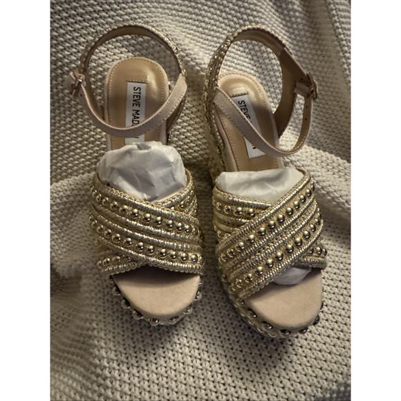 Steve Madden Juniper Sandals Raffia Platform Wedge Size 6 Gold/Multi Pearls NIB - Picture 1 of 7